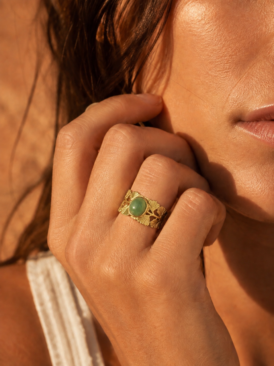 Bague FLORÉA — Pierre Naturelle & Feuillage Doré | Univers Végétal