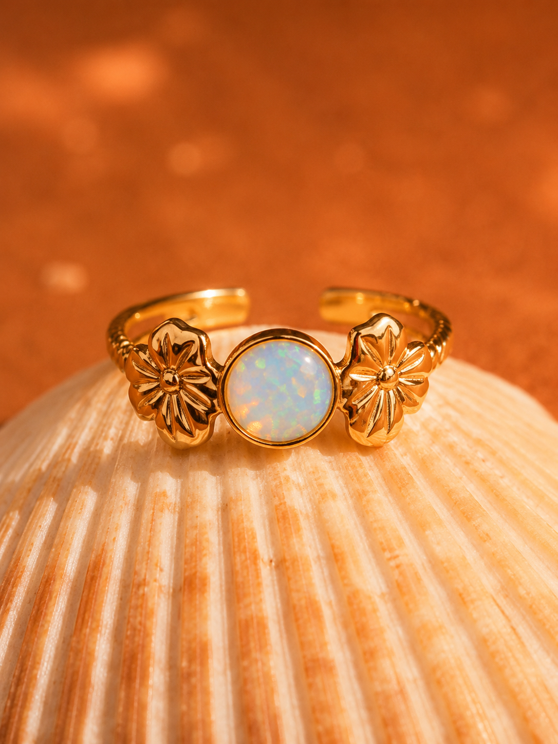 Bague VERSAILLES | Fleur Dorée & Opale Irisée Or 24k Ajustable – Univers Parisienne Chic
