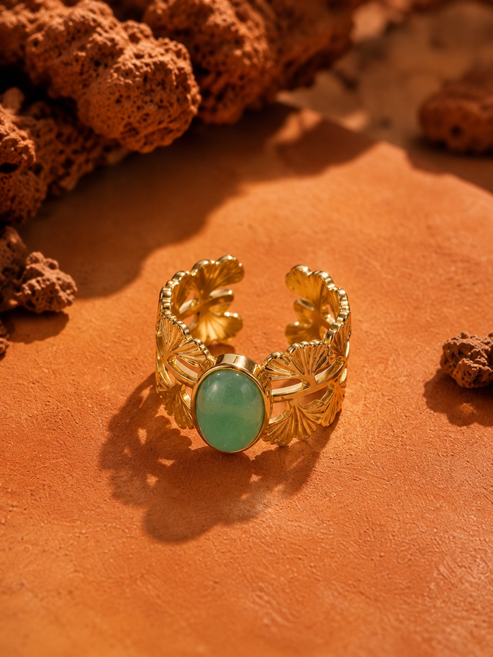 Bague FLORÉA — Pierre Naturelle & Feuillage Doré | Univers Végétal
