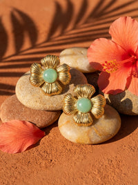 Boucles d'Oreilles HIBISCUS - Fleur Hibiscus Dorée Pierre Naturelle - Bijou Tropical Plaqué Or 24K