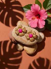 Boucles d'oreilles fleurs jade rose fushia