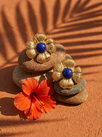 Boucles d'Oreilles HIBISCUS - Fleur Hibiscus Dorée Pierre Naturelle - Bijou Tropical Plaqué Or 24K