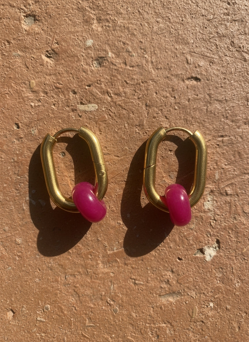 Creoles boucles d’oreilles rectangulaire jade rose fushia