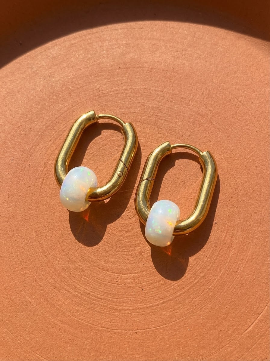 Créoles bohème rectangulaire acier inoxydable pierre opale Blanche 