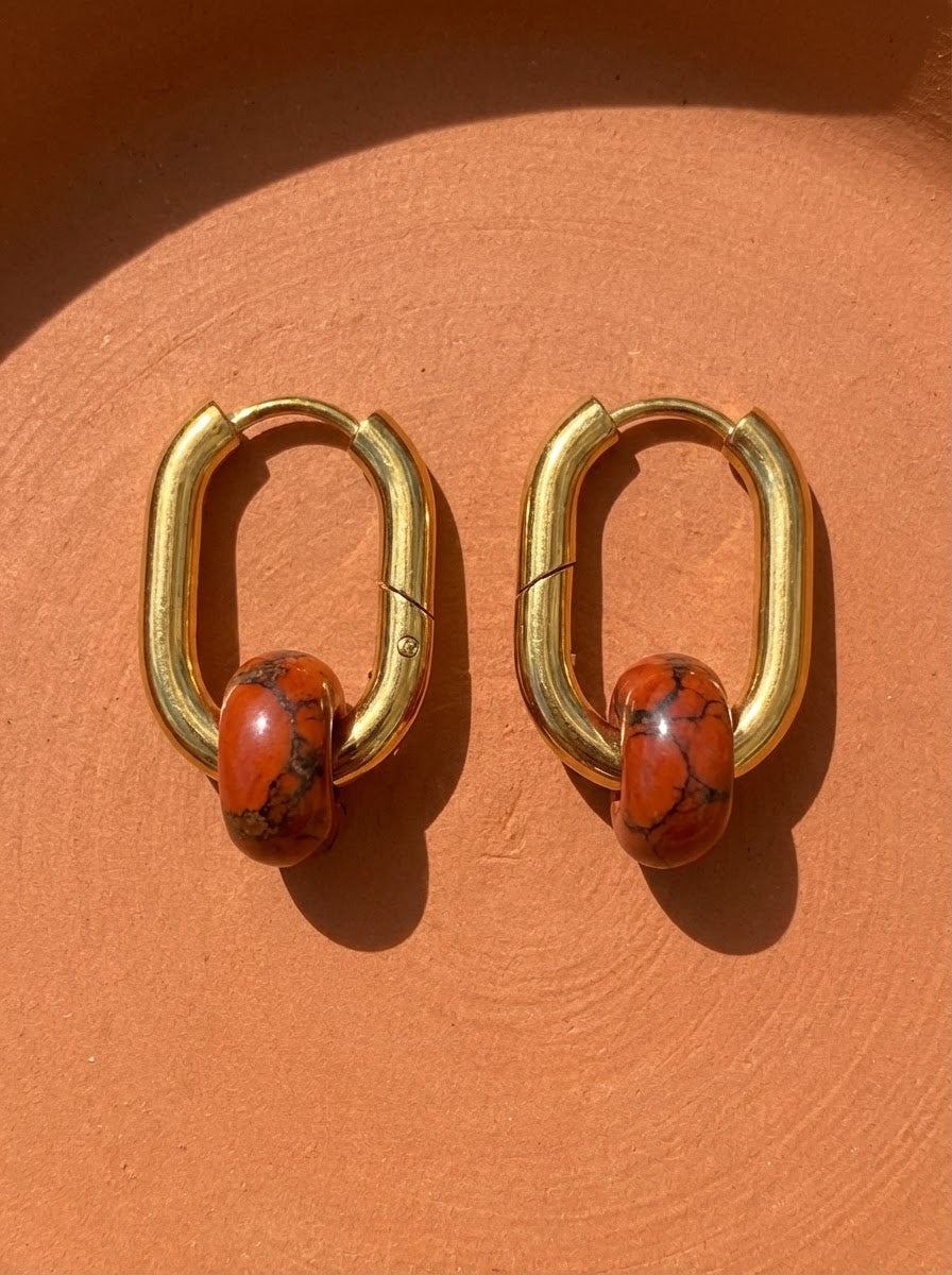 Créoles bohème rectangulaire acier inoxydable pierre turquoise rouge