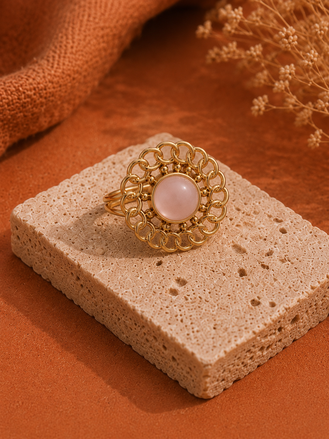 Bague FLORALE — Quartz Rose & Or 24k | Univers Féminin