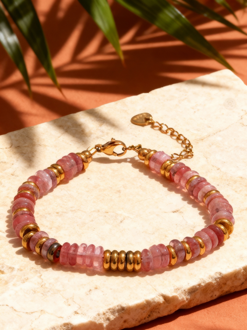 Bracelet ANTILLES - perles plates naturelles pierres semi précieuses