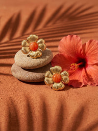 Boucles d'Oreilles HIBISCUS - Fleur Hibiscus Dorée Pierre Naturelle - Bijou Tropical Plaqué Or 24K