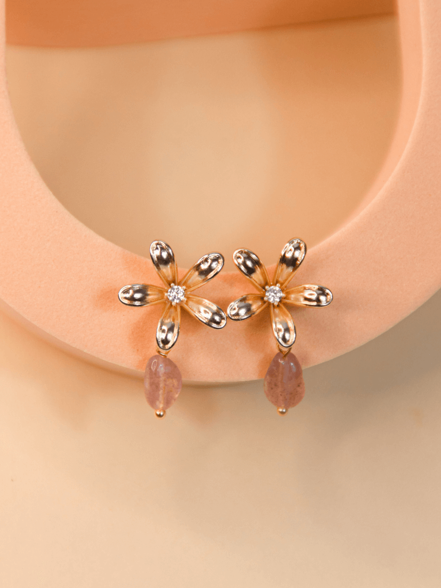 boucles d'oreilles bohème fleur quartz rose