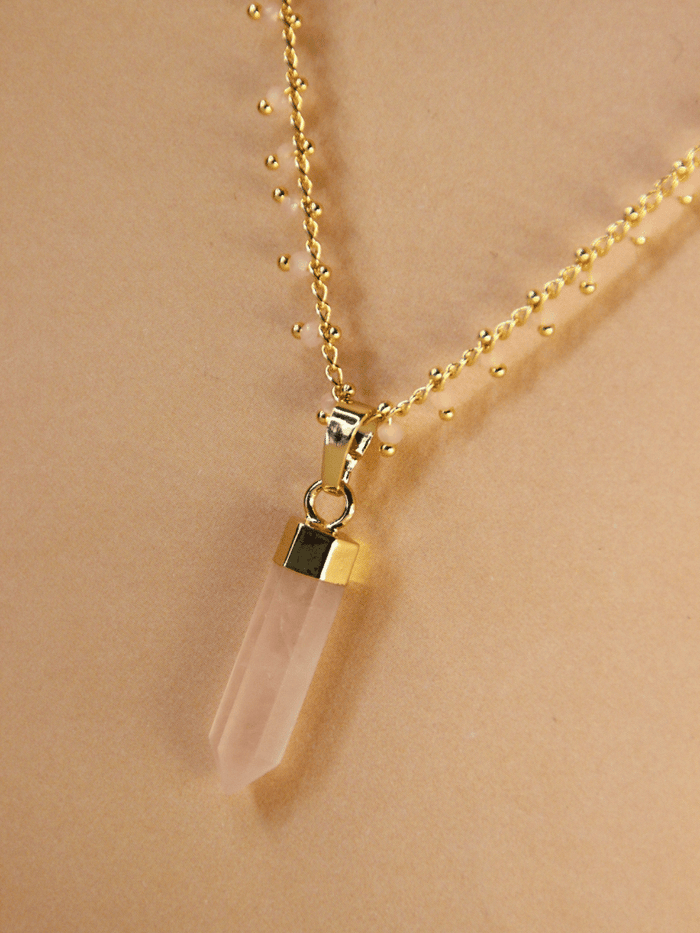 collier boheme femme or fin pierre quartz rose